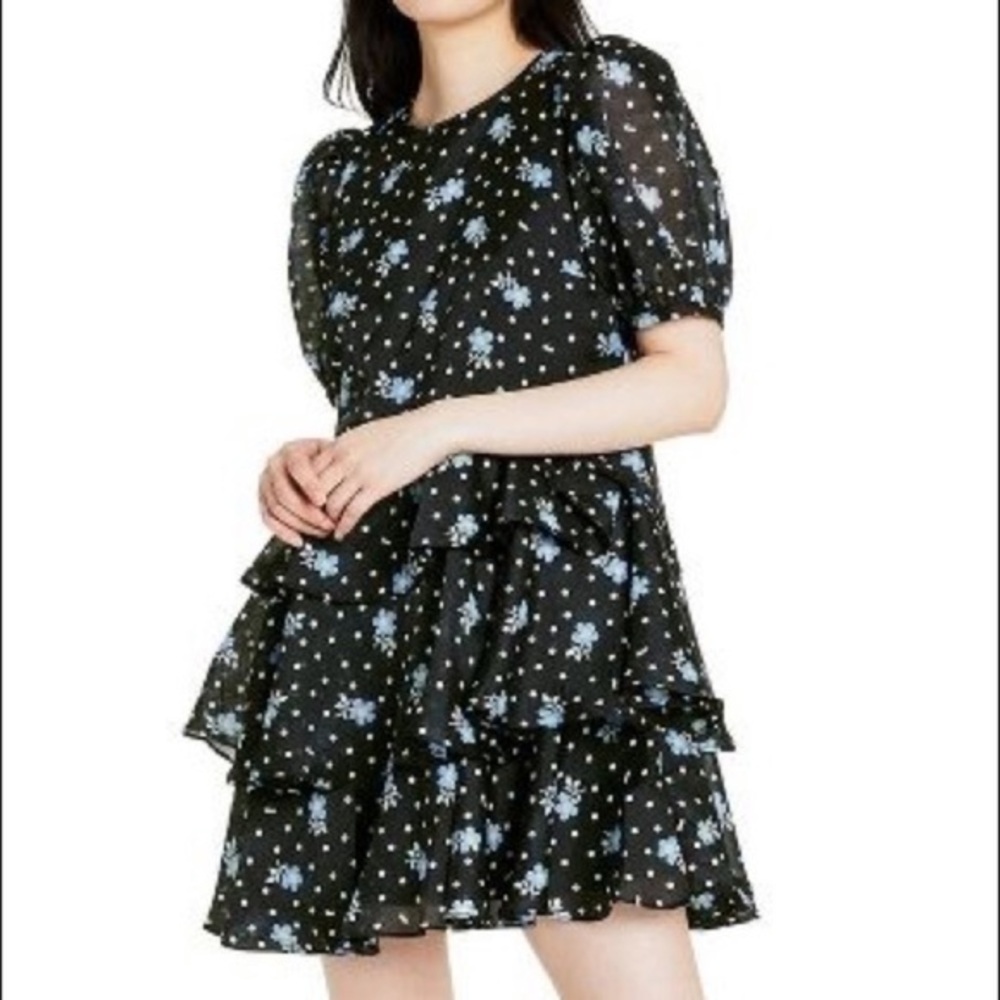 Sandy Liang Floral Polka Dot Tiered Mini Dress Ruffle Navy Yellow Black White S
